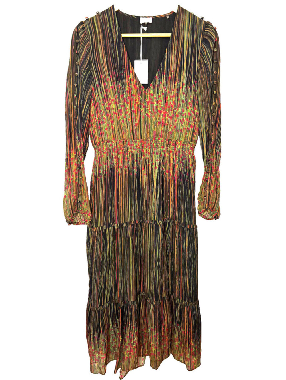 ECRU Connelly Midi Dress w Open Button Detail Sleeves in Autumn Abstract - Sz M